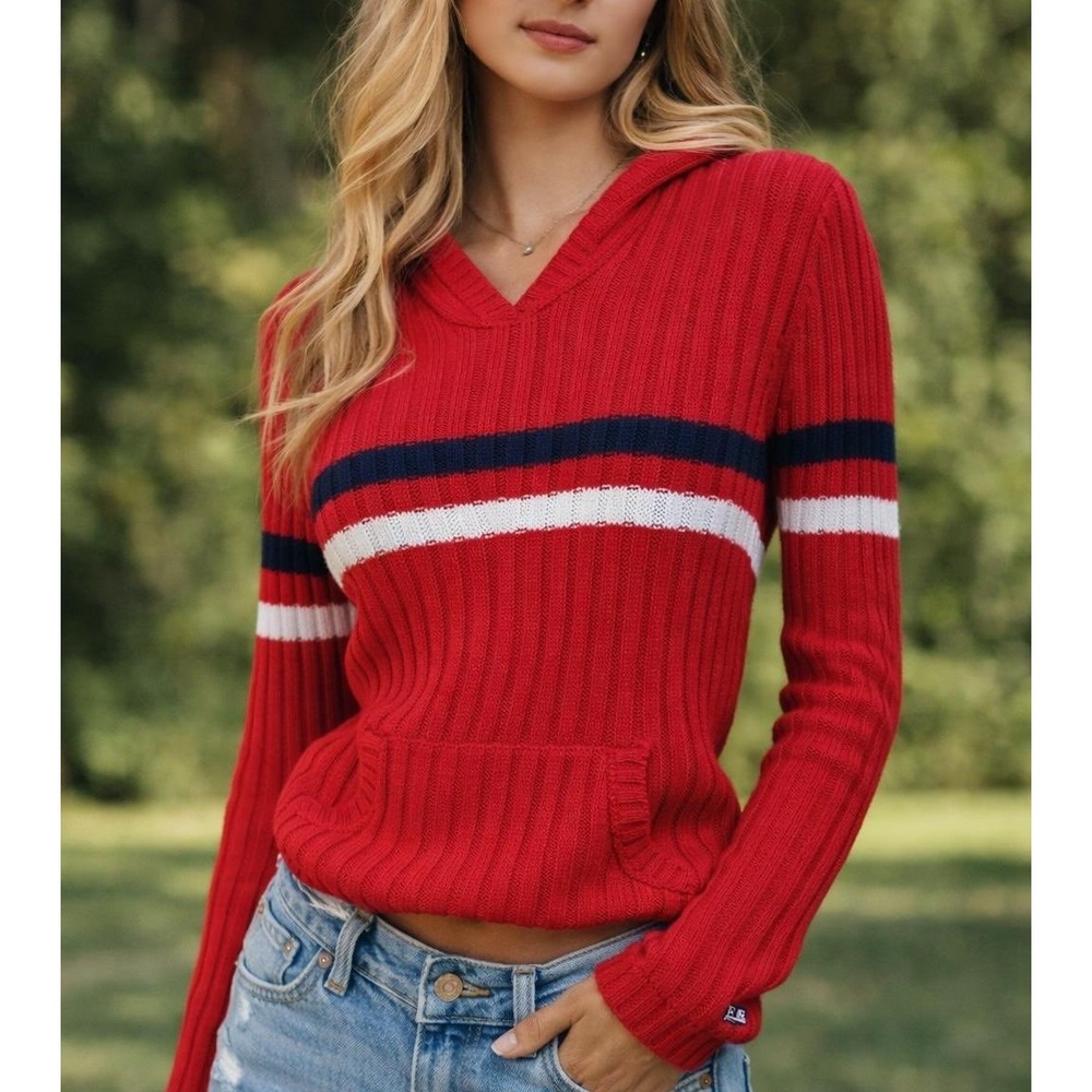 Polo Jeans Co. by Ralph Lauren Red Knit Hoodie Sweater with Navy & White Stripes